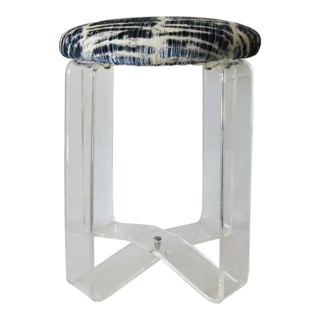 C.1970's MCM Lucite Ribbon X-Mitered Stool, Newly Upholstered, With Brunschwig & Fils Velvet For Sale