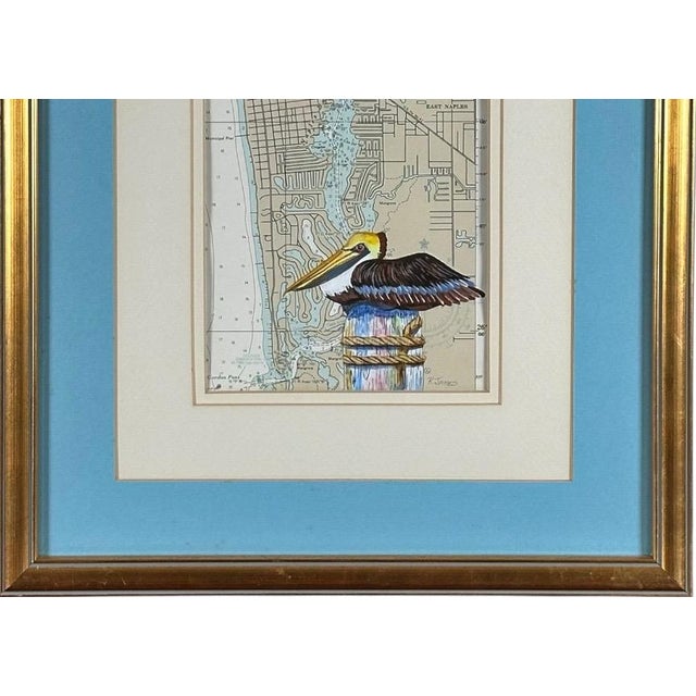 Late 20th Century Vintage Ruth James Hand-Painted Pelican and Naples, Florida, Nautical Map Art For Sale - Image 5 of 11