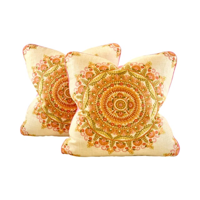 Designer Richloom Cream Green Orange Pink Botanical Floral Geometric Circle Medallion Suzani Pillow Covers- 20" Pair For Sale In Jacksonville, FL - Image 6 of 6