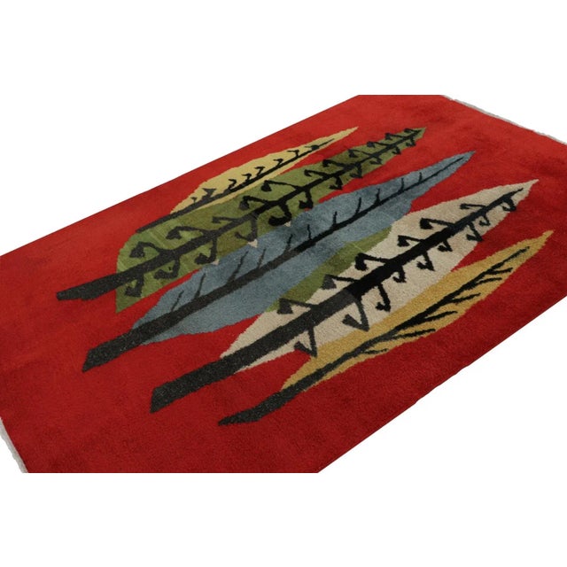 Hand-knotted in wool, circa 1960 - 1970, this 5x8 vintage Müren Art Deco rug drawn on primitivist tribal and Scandinavian...