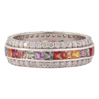 2.53 Ct Geometric Multi Sapphire & Diamond Three Row Eternity Band Ring, Size 6 For Sale
