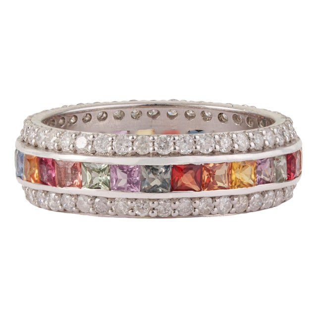 2.53 Ct Geometric Multi Sapphire & Diamond Three Row Eternity Band Ring, Size 6 For Sale