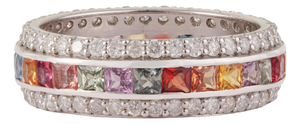2.53 Ct Geometric Multi Sapphire & Diamond Three Row Eternity Band Ring, Size 6