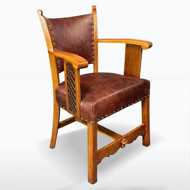 Vintage Oak Chairs in Leather, 1930s, Set of 4 For Sale - Image 3 of 9