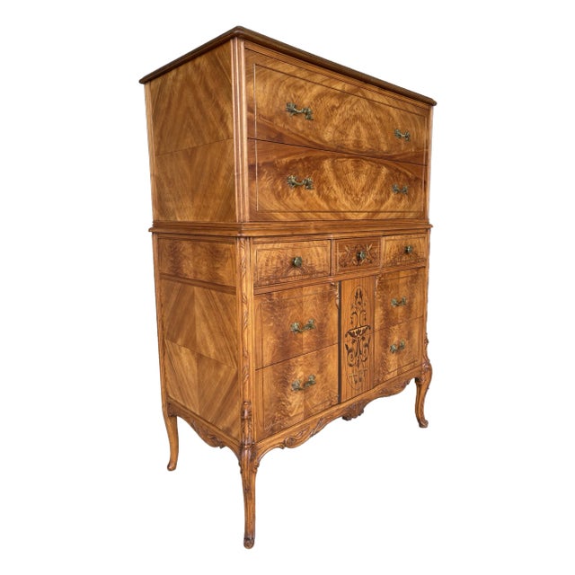 Antique French Rococo Style Inlaid 7 Drawer High Chest - Dresser For Sale