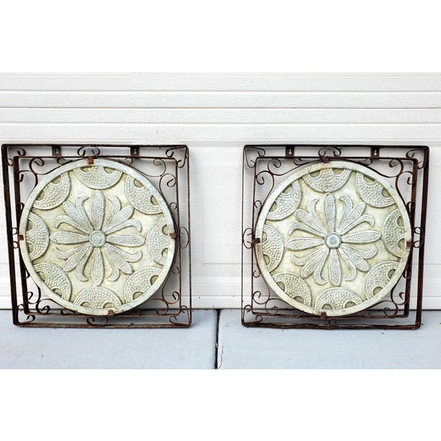 Rustic European 1980s Vintage Pair of Square Iron Framed Terracotta Relief Floral Medallion Wall Hangings For Sale - Image 3 of 12
