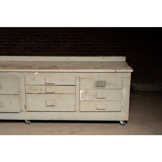 Early 20th Century Monumental Industrial Shop Workbench Cabinet With Labeled Drawers For Sale In Chicago - Image 6 of 18
