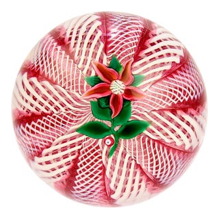 Paul Ysart Poinsettia on a Pink & White Latticino Ground Glass Paperweight For Sale
