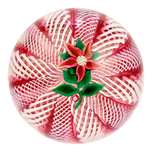 Paul Ysart Poinsettia on a Pink & White Latticino Ground Glass Paperweight