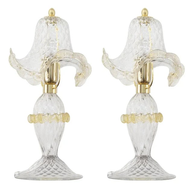 Transparent Murano Glass Table Lamps with Artistic Golden Artistic Decorations, Italy, Set of 2 For Sale - Image 9 of 9