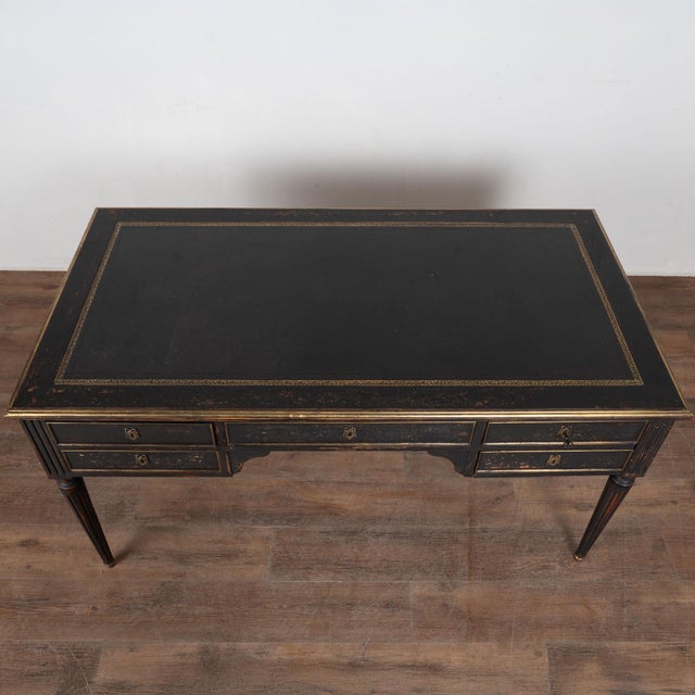 Early 20th Century Early 20th Century Swedish Black Painted Five-Drawer Desk With Embossed Leather Top For Sale - Image 5 of 18