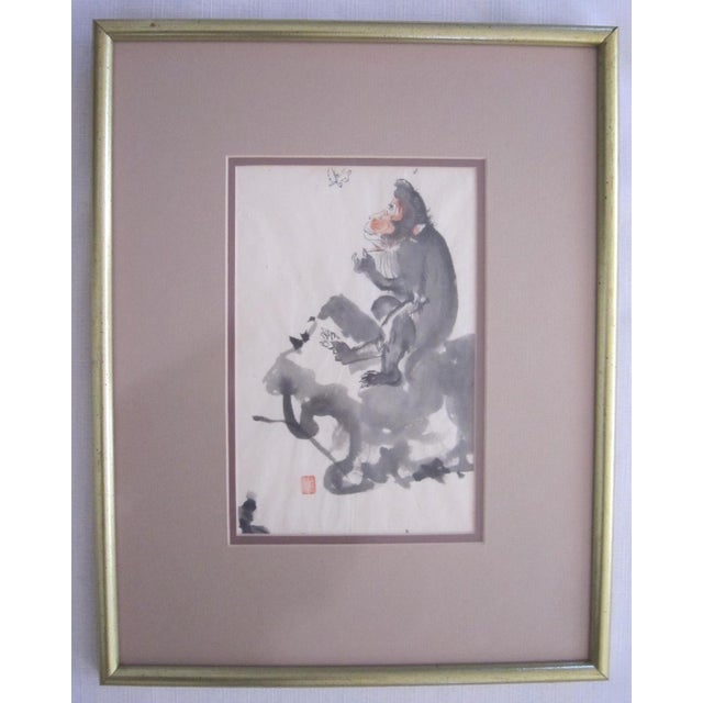 Wonderful Antique Japanese Ink painting of a Monkey. It has the artist stamp on the lower left side of the painting. It...