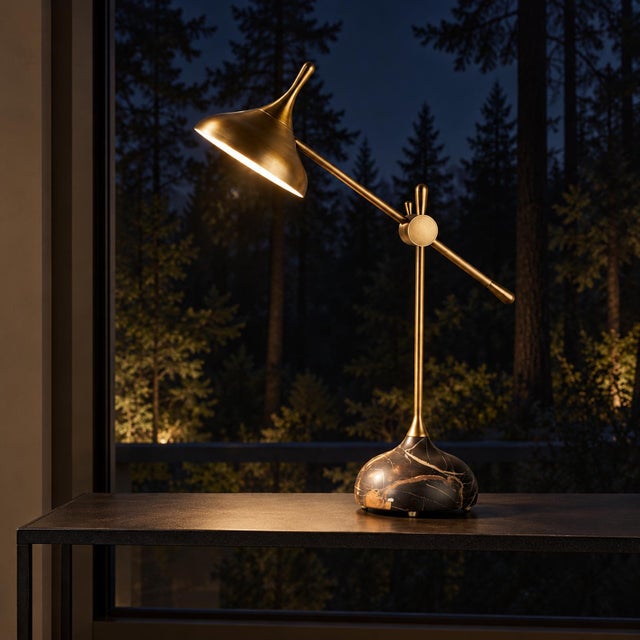 Brass Organic Modern Espresso Marble & Brass Adjustable Desk Lamp For Sale - Image 8 of 8