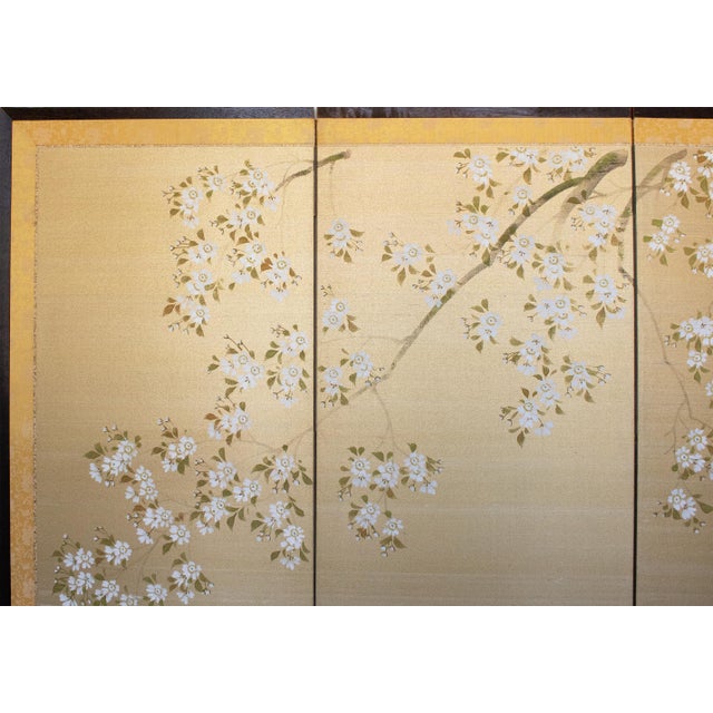 1950-1960s Shōwa Era Japanese Painted Silk Byobu Screen "Blossoming Sakura" For Sale - Image 4 of 18