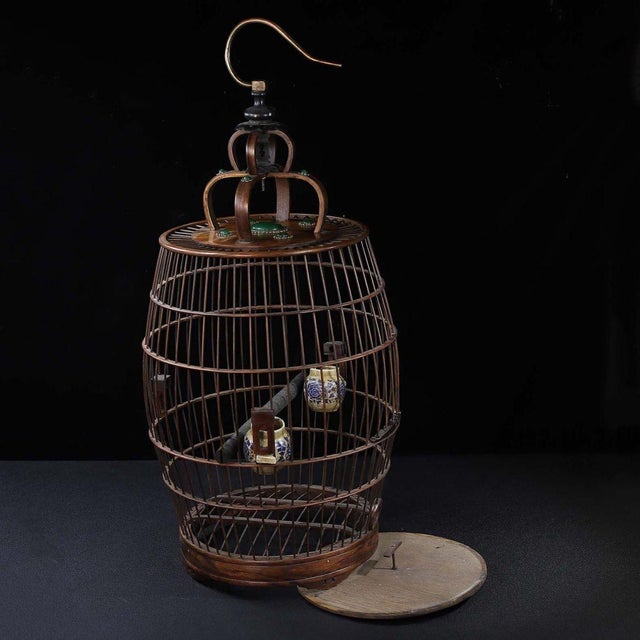 Vintage Hardwood Birdcage With Gemstone Inlay and Porcelain Cups For Sale - Image 4 of 9