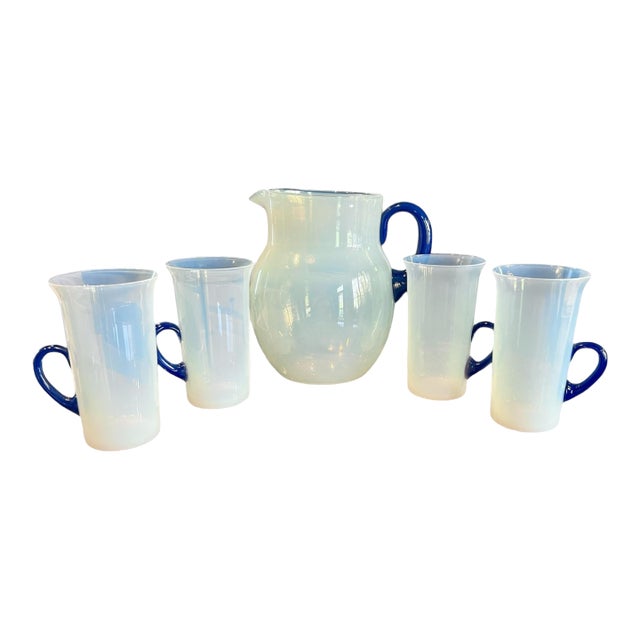 Antique 1920s Fry Foval Cobalt Blue Art Deco Opalescent Lemonade Set-5 Pieces For Sale