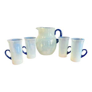Antique 1920s Fry Foval Cobalt Blue Art Deco Opalescent Lemonade Set-5 Pieces