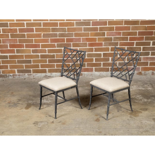 Gray Pair of English Chinese Chippendale Style Midcentury Side Chairs with Upholstery For Sale - Image 8 of 10