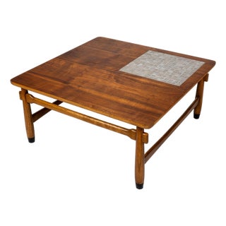 Lane Monte Carlo Square Coffee Table, Walnut and Oak With Ceramic Tile Inset For Sale