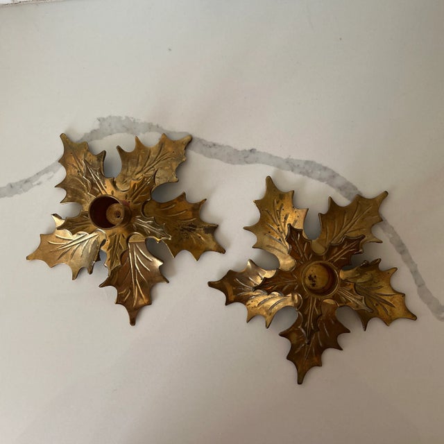 Mid 20th Century Mid 20th Century Brass Holly Candleholders - a Pair For Sale - Image 5 of 5