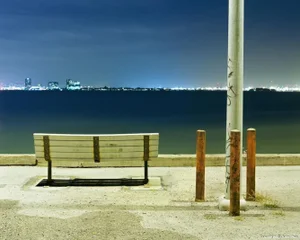 Contemporary Night Photograph "Bench and Poles" by John Vias