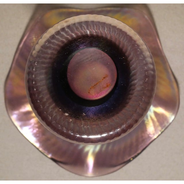 Early 20th Century Bohemian Art Nouveau Freiherr Von Poschinger Iridescent Amethyst Glass Fine Ribbed Ruffled Edge Stretch Vase For Sale In New Orleans - Image 6 of 6