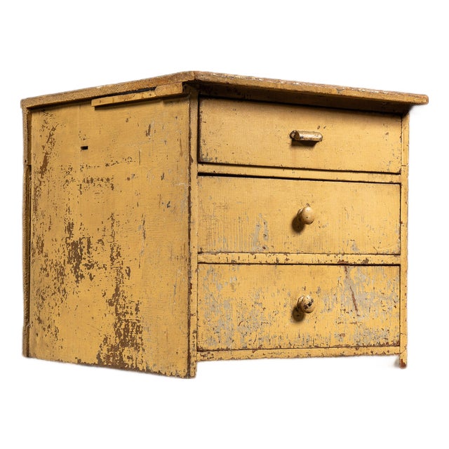 Antique Chippy Painted Industrial Three-Drawer Utility Cabinet For Sale