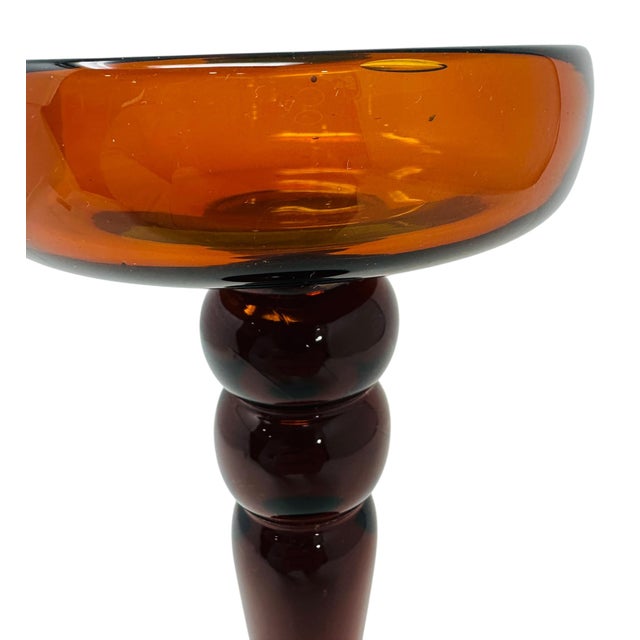 1970s Vintage Mid-Century Modern Amber Glass Compote Dish | Italian Empoli Style Pedestal Candle Holder | MCM Home Decor | Blown Glass Centerpiece For Sale - Image 5 of 8