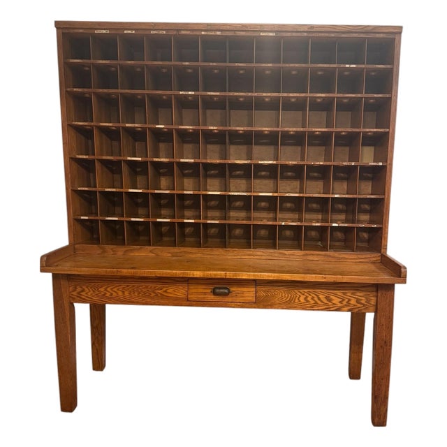 1953 U.S. Post Office Department Oak Mail Sorting Desk With 84 Cubbies For Sale