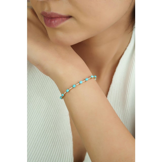 14k Solid Gold Natural 3.25ct Turquoise & Diamond Mexican Bracelet For Sale - Image 11 of 16