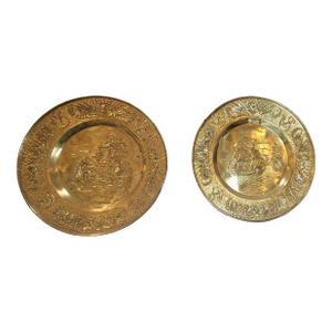 Large Mid 20th Century English Repoussé Brass Nautical Wall Plaques - Pair