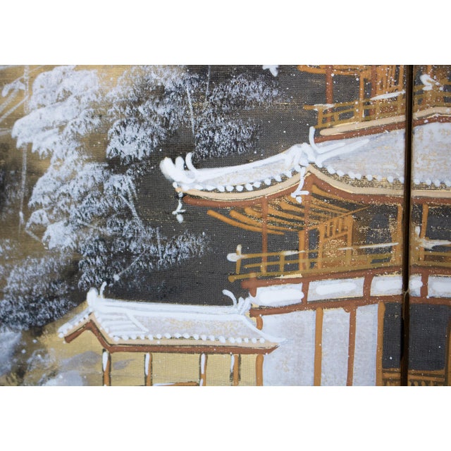 1960s "Winter Landscape With Temple", Showa Era Japanese Silk Byobu Screen For Sale - Image 10 of 18
