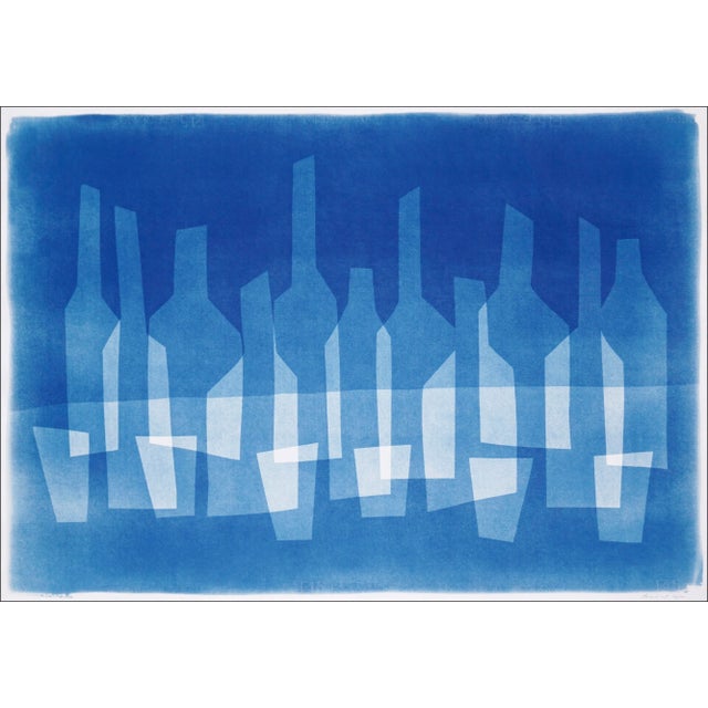 Blue 2023 "Double Vision Bar Scene" Modern Still Life Handmade Monotype Cyanotype For Sale - Image 8 of 8