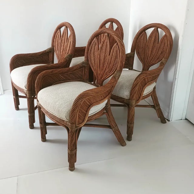 This beautiful set are from the 70s. They are all hand built with pencil reed bamboo, rawhide and have the original fabric...