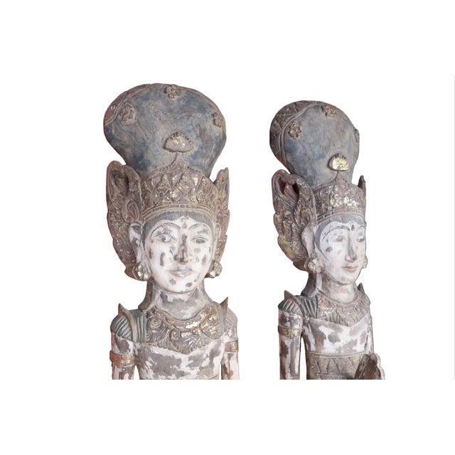 Antique Pair of 19th Large Carved Wood Statues of Thai Theppanom Buddhist Angel Deities For Sale - Image 4 of 11