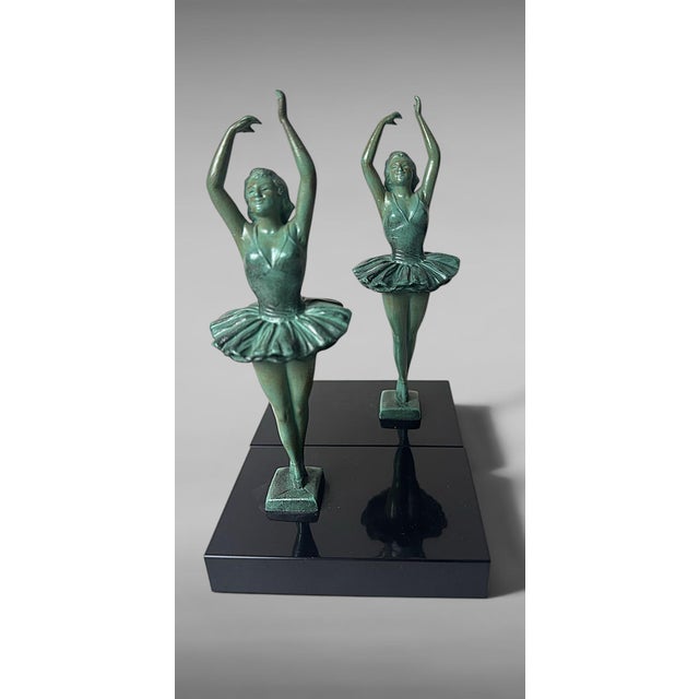 Art Deco French Pair of Dancer Bookends in Spelter and Black Marquina Marble For Sale - Image 6 of 18