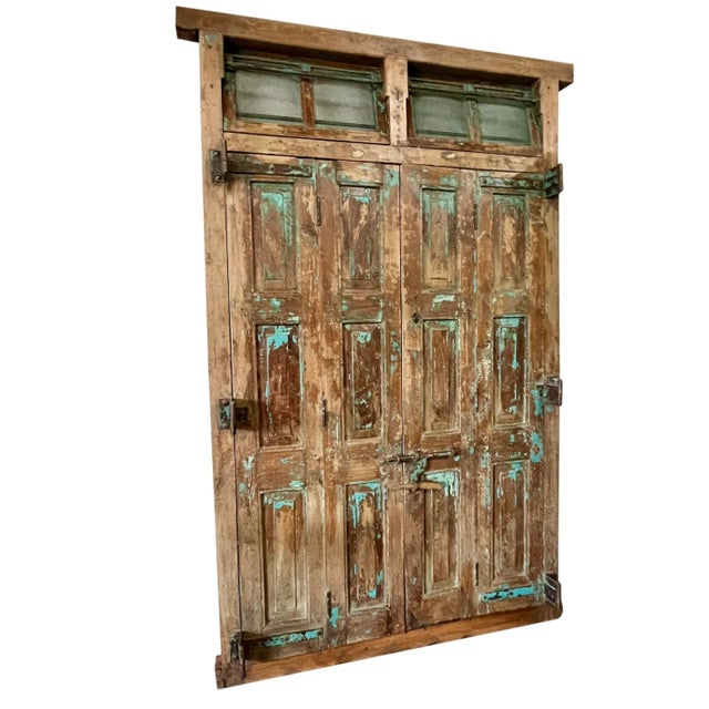 Late 18th Century Antique Rustic Carved Exterior Teak Double Hinged Doors, Colonial Plantation Architecture For Sale - Image 5 of 13