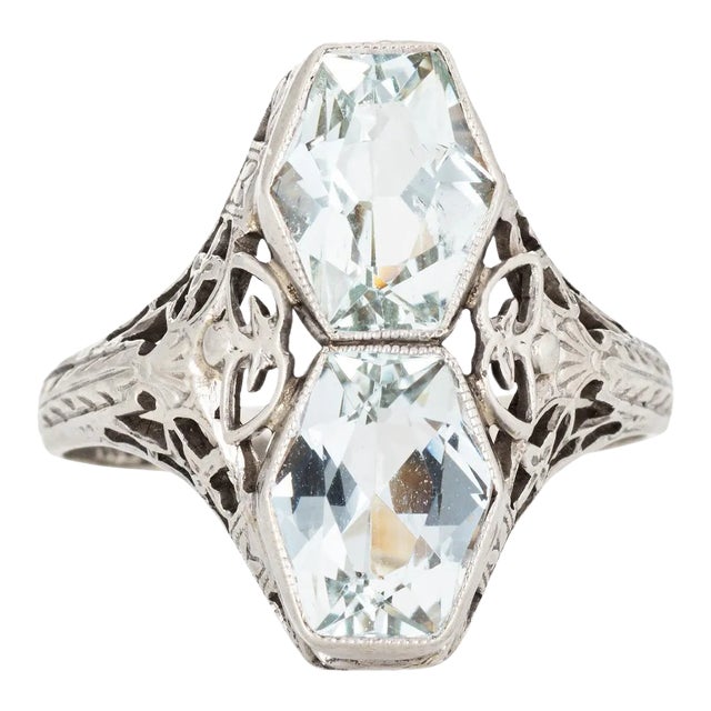 Vintage Art Deco Double Aquamarine Ring Filigree 14k Gold Elongated Hexagon size 5.75 For Sale