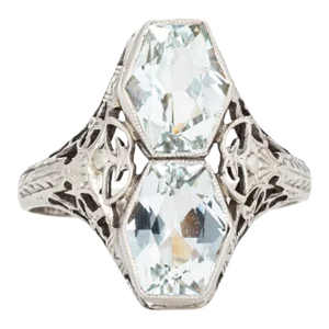 Vintage Art Deco Double Aquamarine Ring Filigree 14k Gold Elongated Hexagon size 5.75