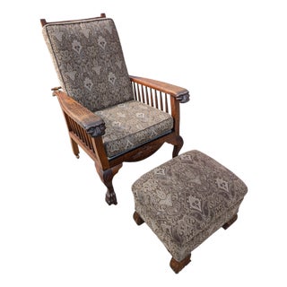Antique Arts & Crafts Carved Oak Morris Recliner & Ottoman For Sale