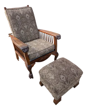 Antique Arts & Crafts Carved Oak Morris Recliner & Ottoman