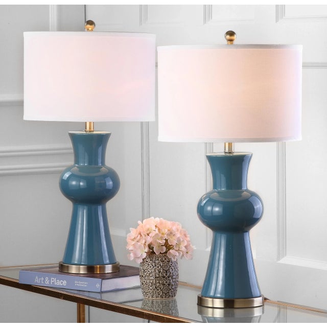 Blue 30 Inch H Column Table Lamp in Blue - a Pair For Sale - Image 8 of 9