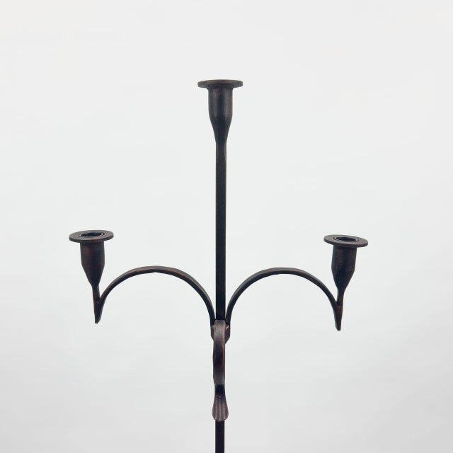 Hand Forged Iron Floor Candelabra 50″ (126cm) Antique Copper Patina 3-Arm Slim Corner Design Rustic Decor For Sale - Image 6 of 8