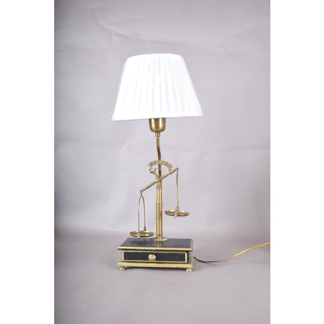 1950s Brass Balance Scale Table Lamp with Drawer Base and Pleated Shade, 1950s For Sale - Image 5 of 14
