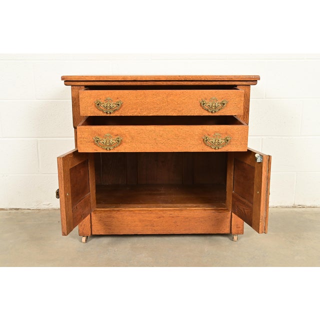 Late 19th Century Antique Victorian Carved Oak Commode or Bar Cabinet, Circa 1890s For Sale - Image 5 of 15