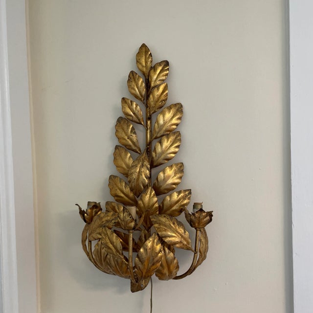 Vintage Gold Gilded Leaf Three Arm Sconce For Sale - Image 4 of 4