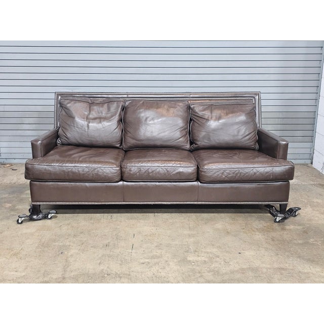 Hancock & Moore Brown Leather Sofa Nailhead Trim Three Cushions For Sale - Image 10 of 14