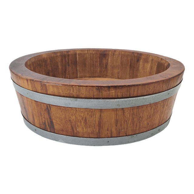 Large Vintage Wooden Bowl with Metal Rims, 1960s For Sale
