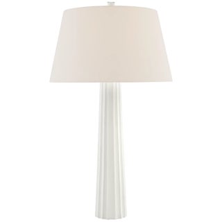 Chapman & Myers by Visual Comfort Signature Fluted Spire Large Cordless Table Lamp in Plaster White with Linen Shade For Sale