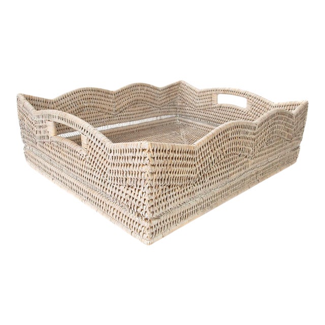 Artifacts Rattan Scallop Collection Rectangular Storage Basket in White Wash - 20" For Sale